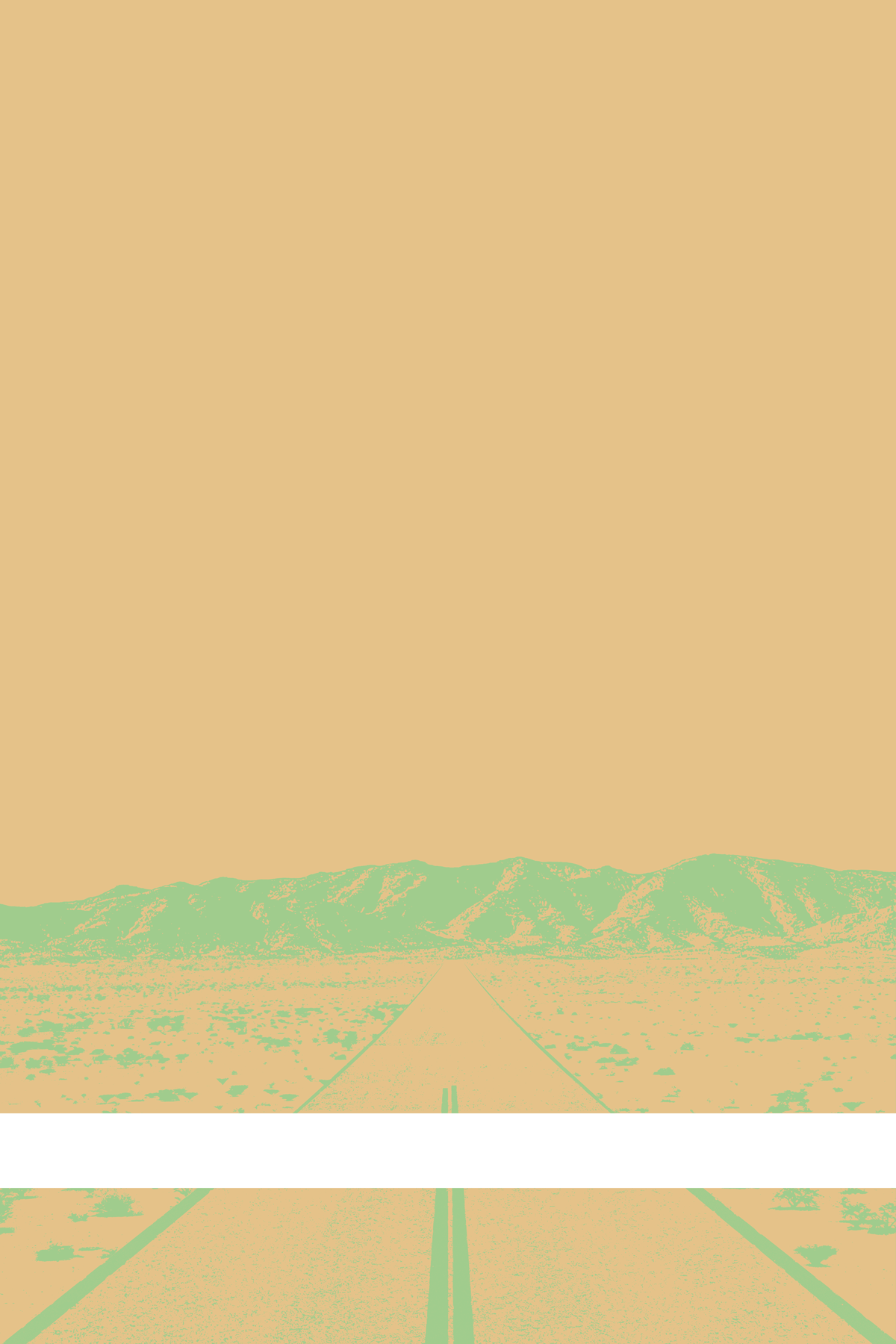 A view of Mercury Valley, Nevada, facing toward the northwest. The composition is rendered in light orange and light green. A prominent white line stretches across the composition near the bottom of the view.