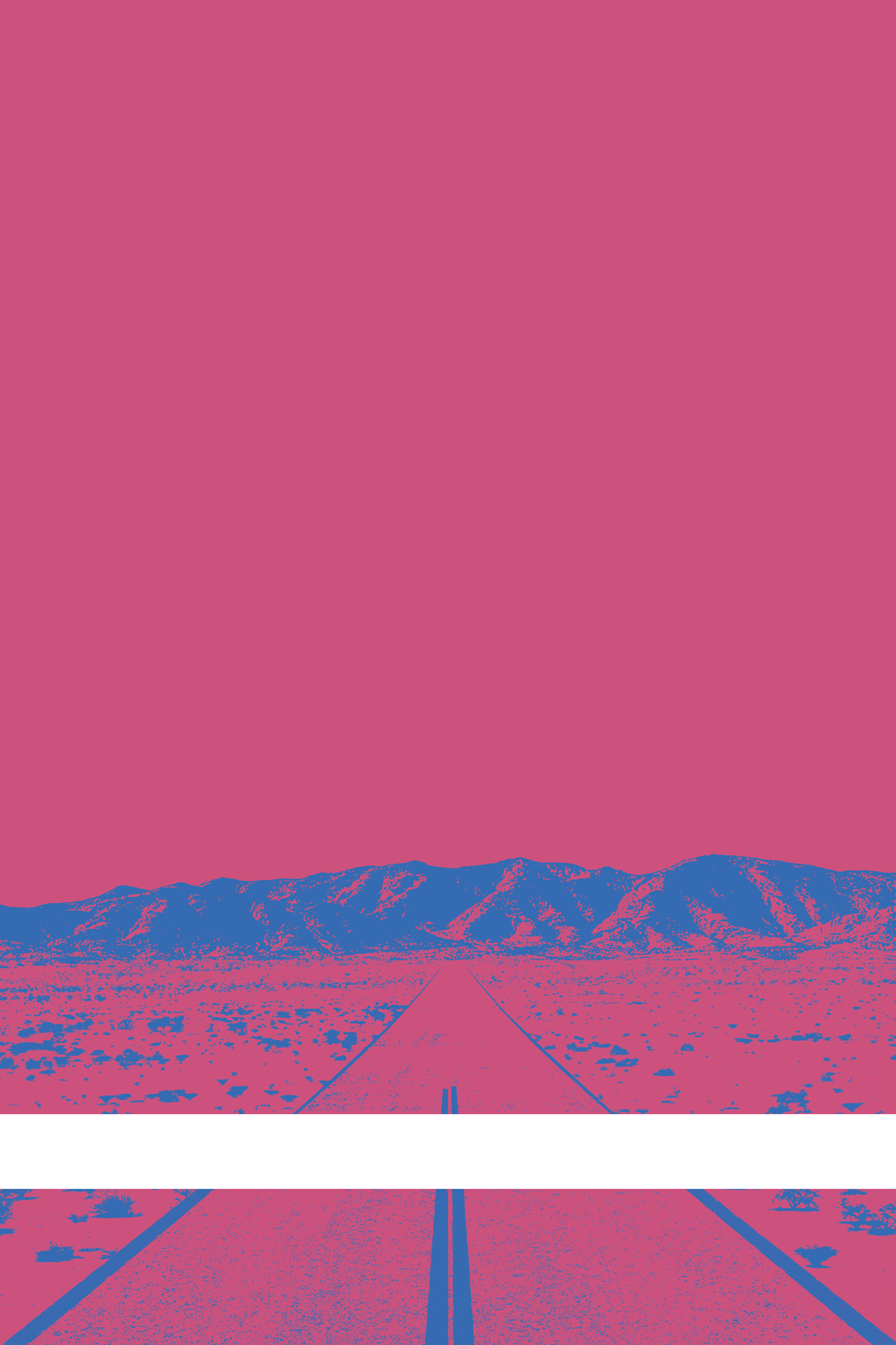 A view of Mercury Valley, Nevada, facing toward the northwest. The composition is rendered in pink and blue. A prominent white line stretches across the composition near the bottom of the view.