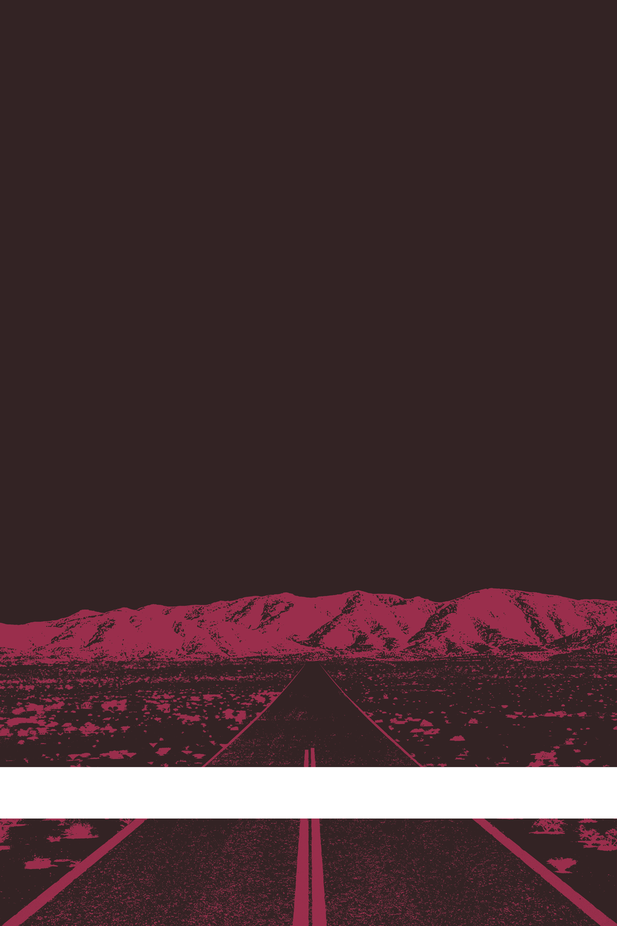 A view of Mercury Valley, Nevada, facing toward the northwest. The composition is rendered in brown and pink. A prominent white line stretches across the composition near the bottom of the view.