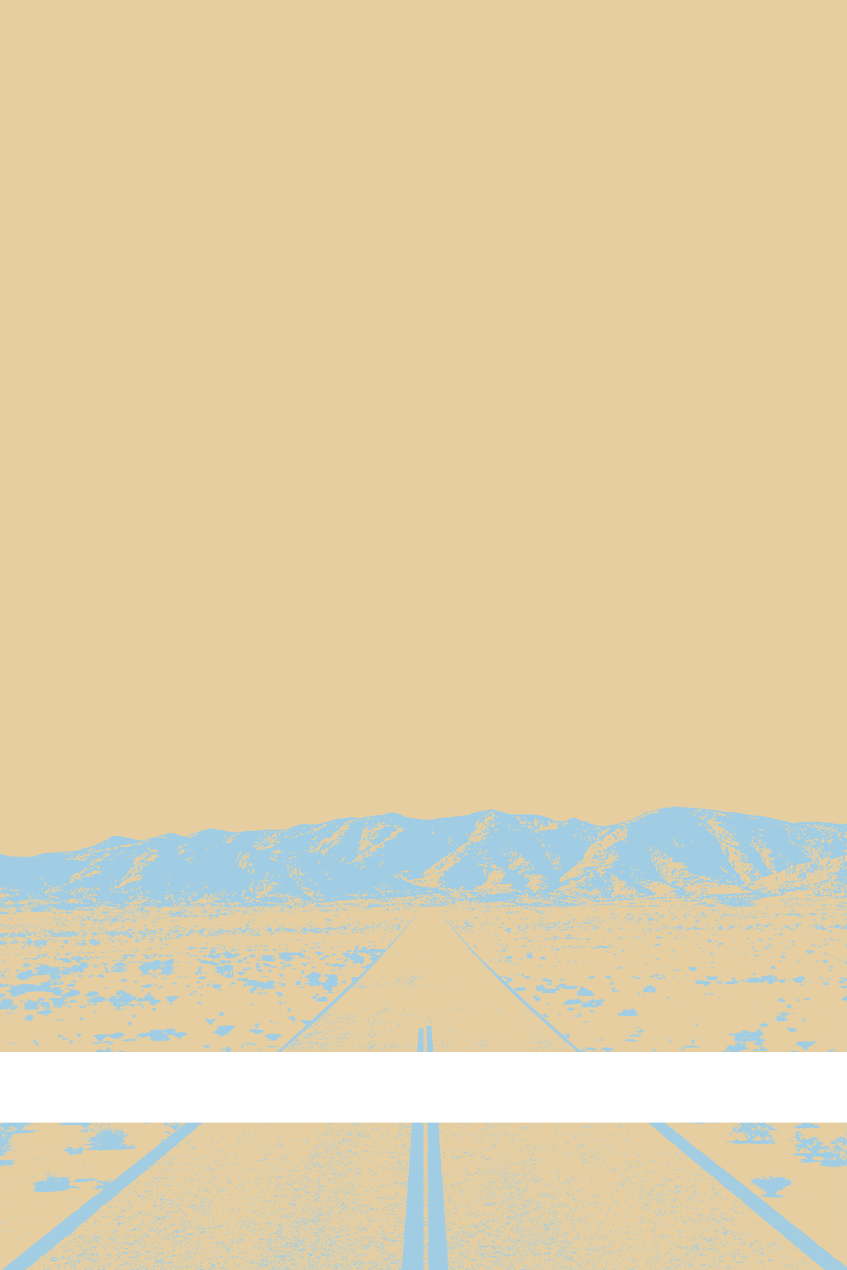 A view of Mercury Valley, Nevada, facing toward the northwest. The composition is rendered in grayish yellow and light blue. A prominent white line stretches across the composition near the bottom of the view.