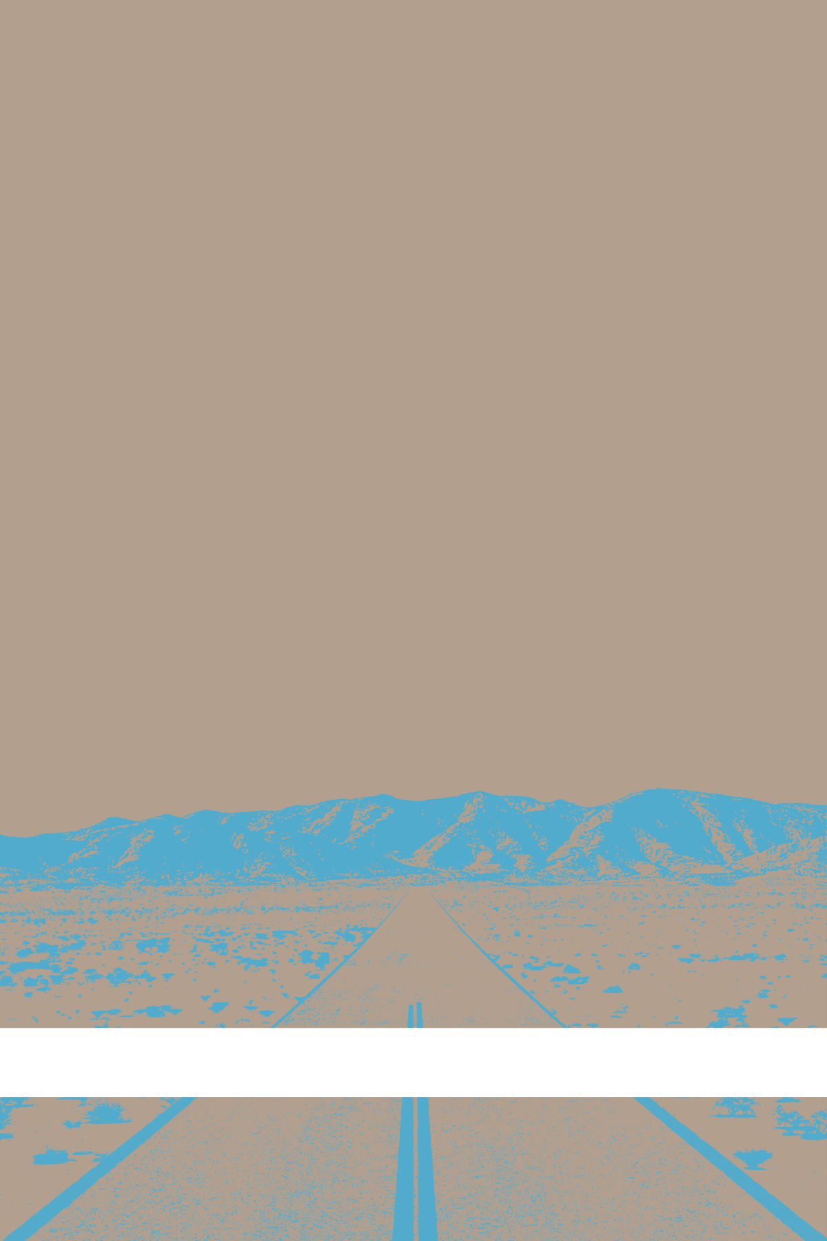 A view of Mercury Valley, Nevada, facing toward the northwest. The composition is rendered in light brown and light blue. A prominent white line stretches across the composition near the bottom of the view.