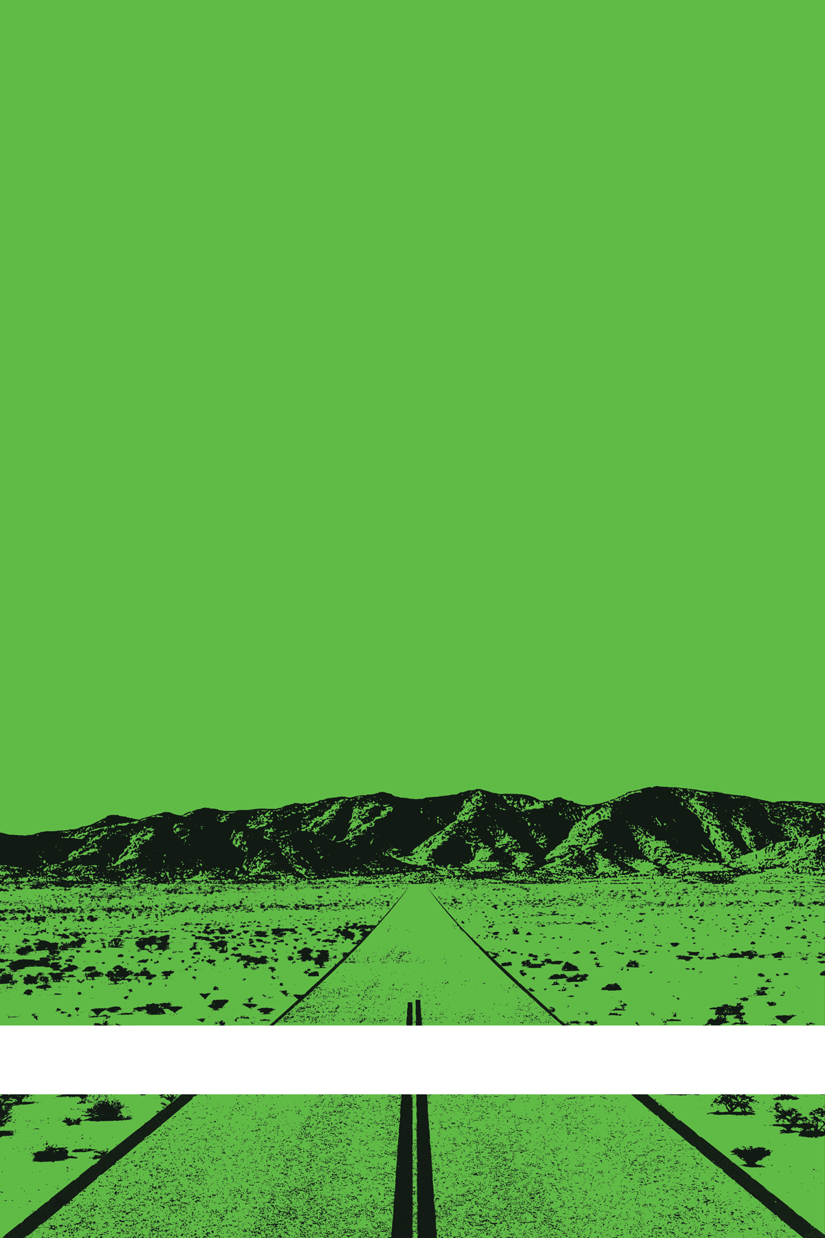 A view of Mercury Valley, Nevada, facing toward the northwest. The composition is rendered in green and black. A prominent white line stretches across the composition near the bottom of the view.