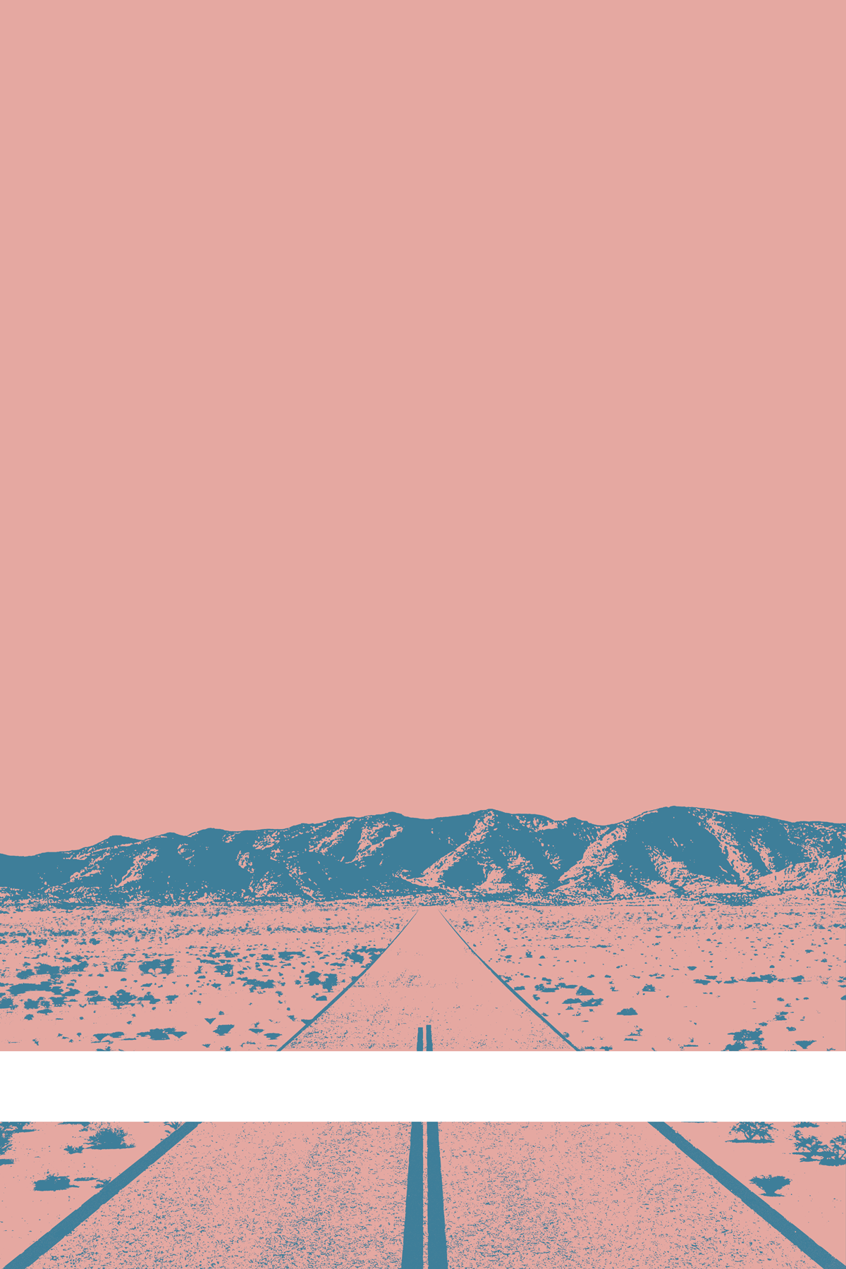 A view of Mercury Valley, Nevada, facing toward the northwest. The composition is rendered in light pink and light blue. A prominent white line stretches across the composition near the bottom of the view.