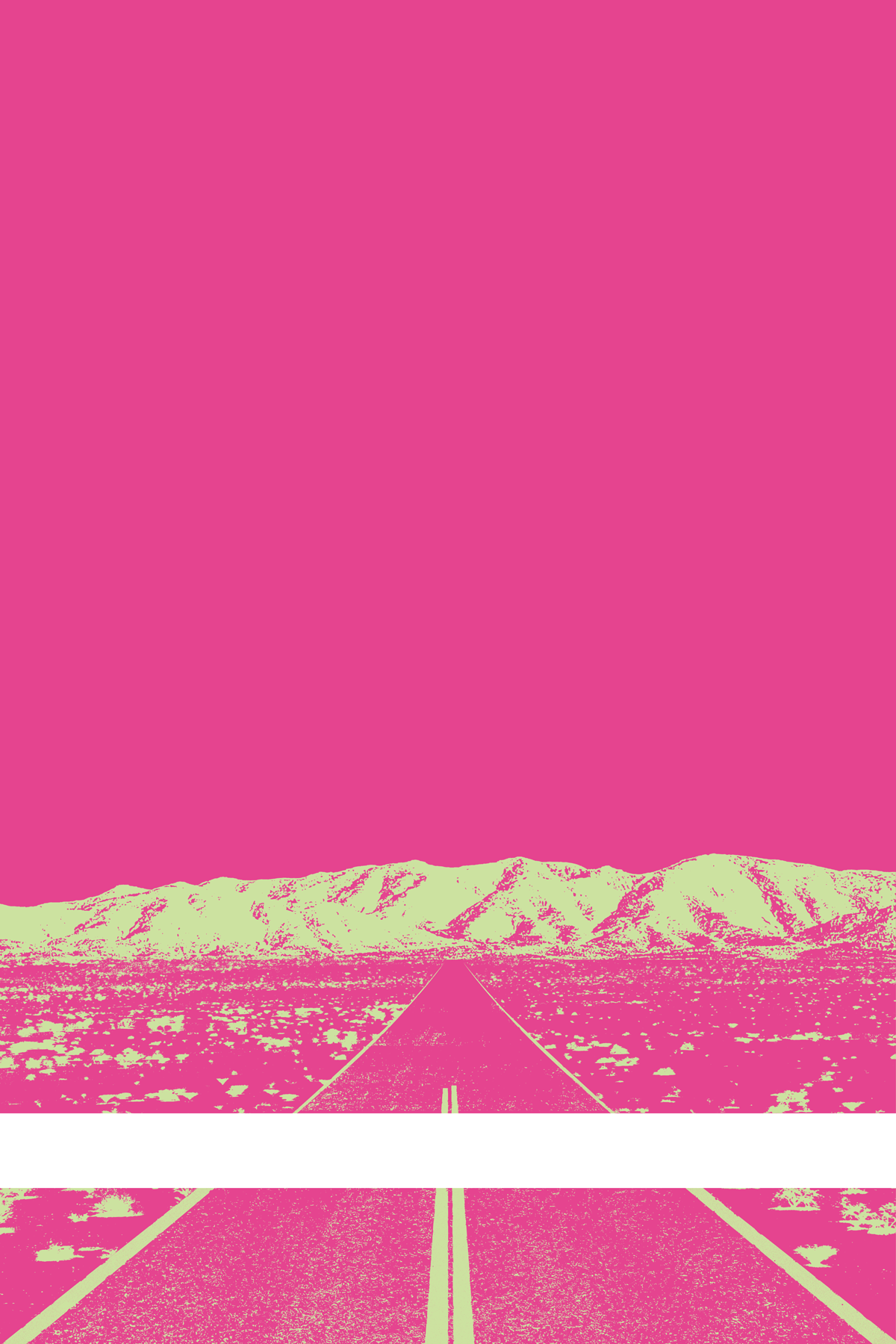 A view of Mercury Valley, Nevada, facing toward the northwest. The composition is rendered in pink and light yellow-green. A prominent white line stretches across the composition near the bottom of the view.