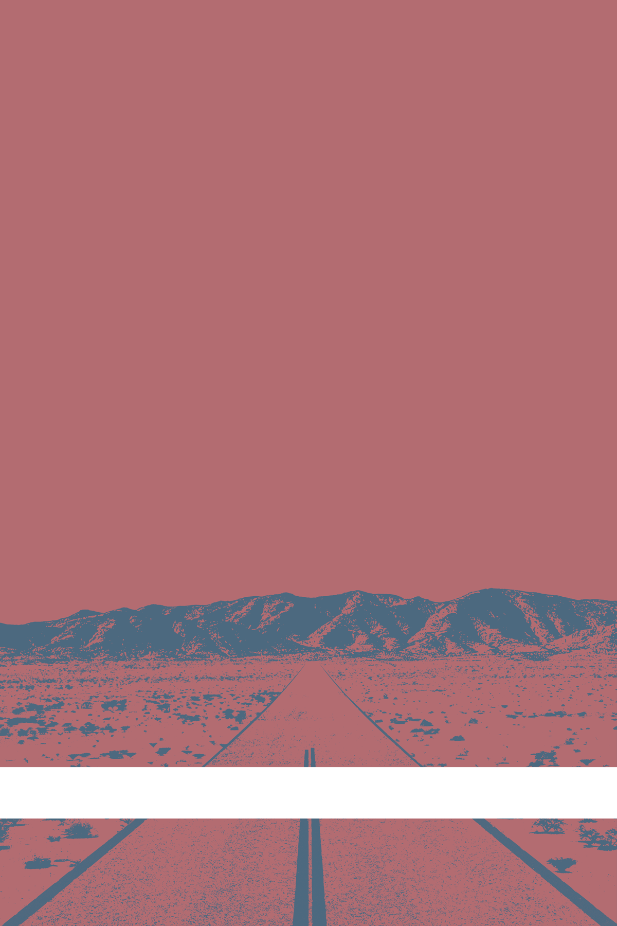 A view of Mercury Valley, Nevada, facing toward the northwest. The composition is rendered in light grayish red and grayish blue. A prominent white line stretches across the composition near the bottom of the view.