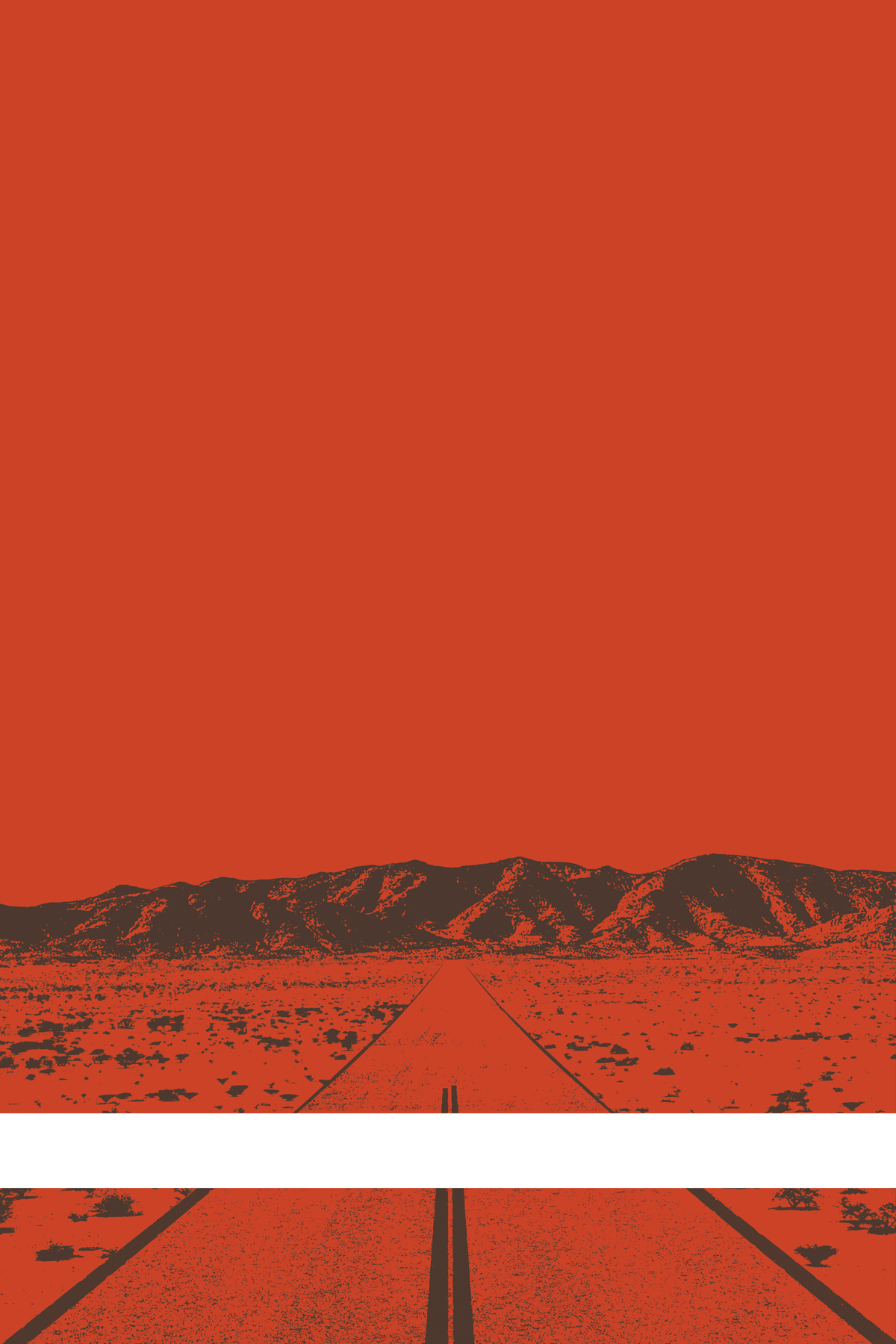 A view of Mercury Valley, Nevada, facing toward the northwest. The composition is rendered in red and dark brown. A prominent white line stretches across the composition near the bottom of the view.