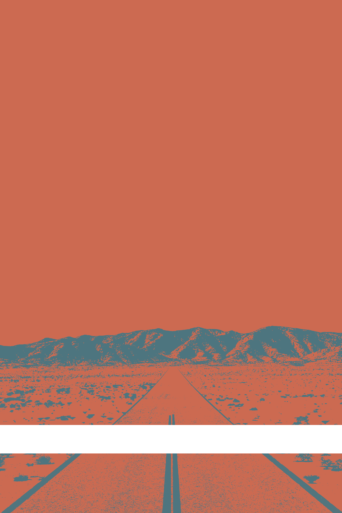 A view of Mercury Valley, Nevada, facing toward the northwest. The composition is rendered in reddish brown and grayish blue. A prominent white line stretches across the composition near the bottom of the view.