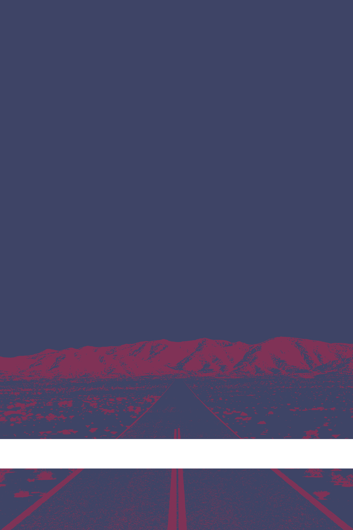 A view of Mercury Valley, Nevada, facing toward the northwest. The composition is rendered in grayish blue and light red. A prominent white line stretches across the composition near the bottom of the view.