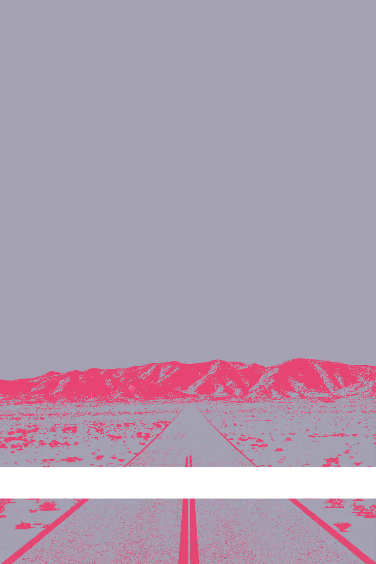 A view of Mercury Valley, Nevada, facing toward the northwest. The composition is rendered in light grayish purple and pink. A prominent white line stretches across the composition near the bottom of the view.