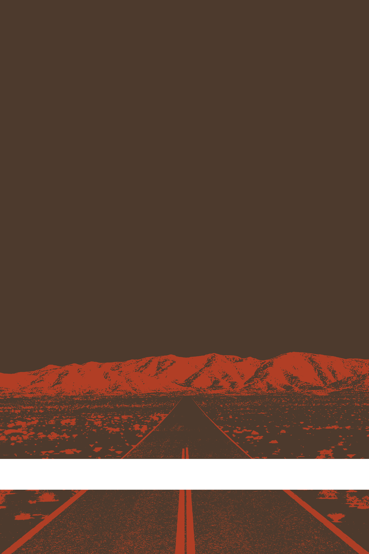 A view of Mercury Valley, Nevada, facing toward the northwest. The composition is rendered in brown and orange. A prominent white line stretches across the composition near the bottom of the view.