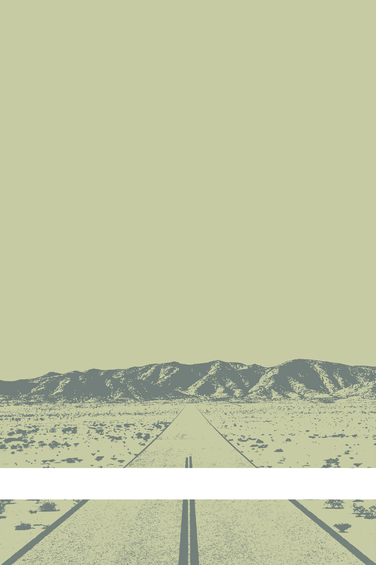 A view of Mercury Valley, Nevada, facing toward the northwest. The composition is rendered in light grayish yellow and gray. A prominent white line stretches across the composition near the bottom of the view.