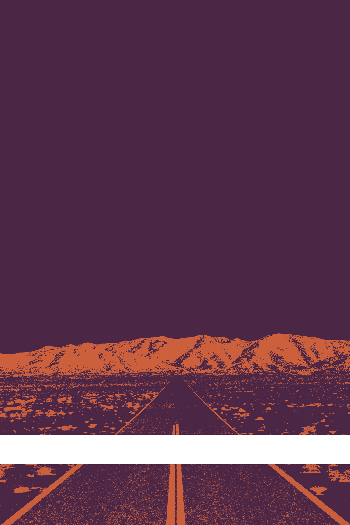 A view of Mercury Valley, Nevada, facing toward the northwest. The composition is rendered in dark purple and light orange. A prominent white line stretches across the composition near the bottom of the view.