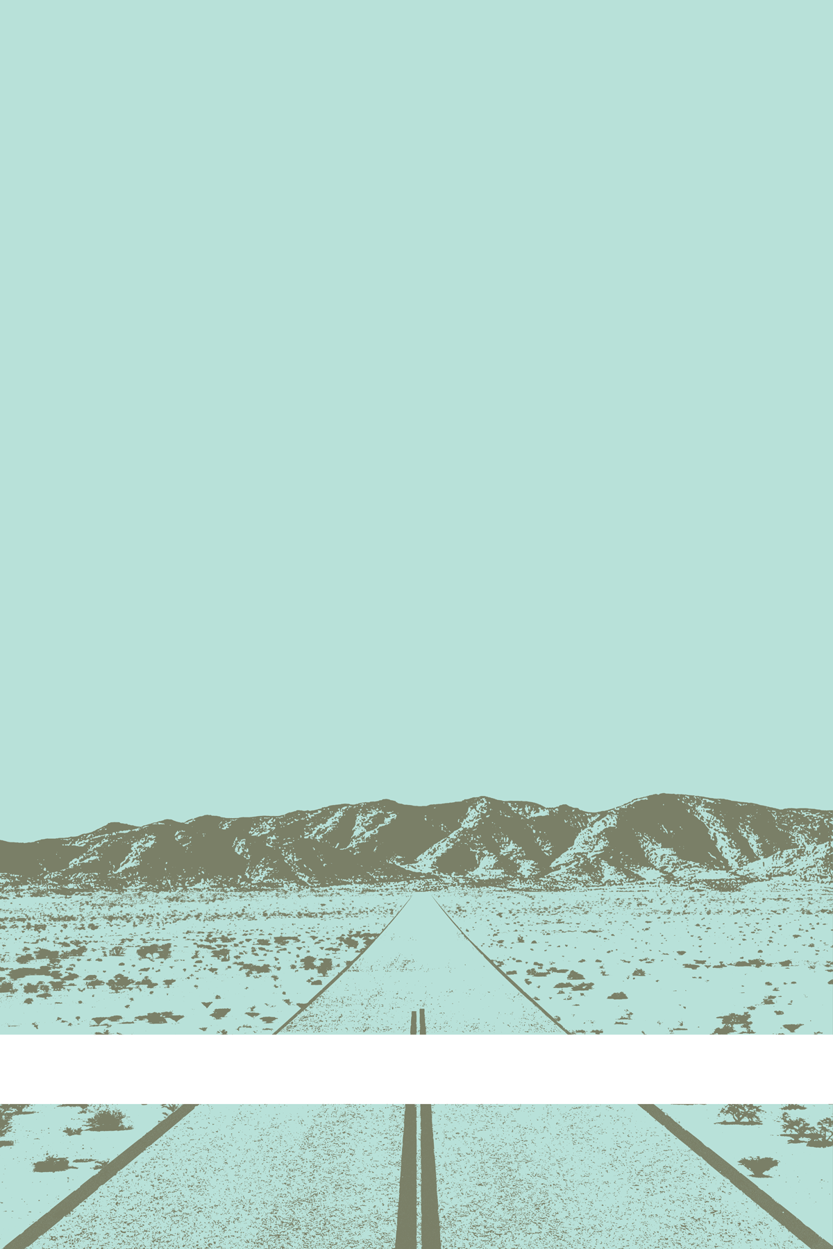 A view of Mercury Valley, Nevada, facing toward the northwest. The composition is rendered in light blue and light grayish green. A prominent white line stretches across the composition near the bottom of the view.