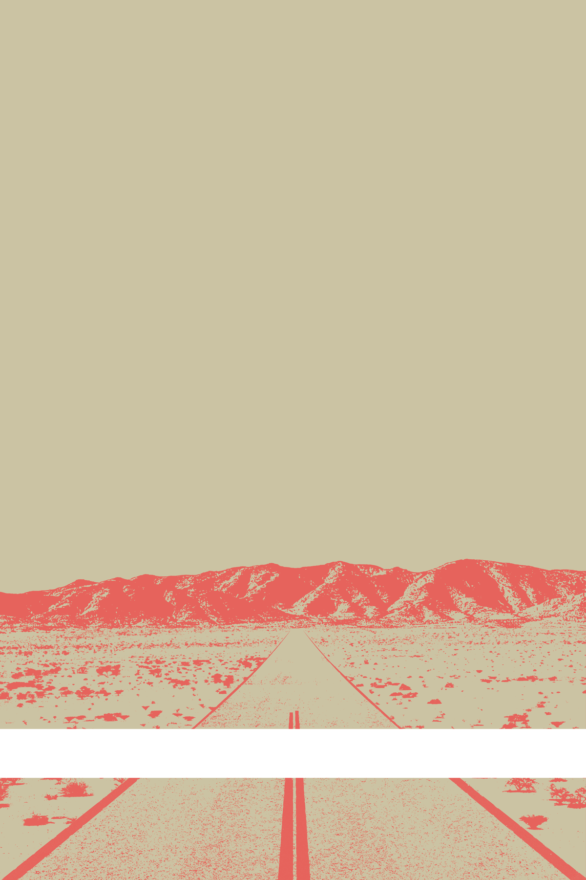 A view of Mercury Valley, Nevada, facing toward the northwest. The composition is rendered in light brown and light red. A prominent white line stretches across the composition near the bottom of the view.