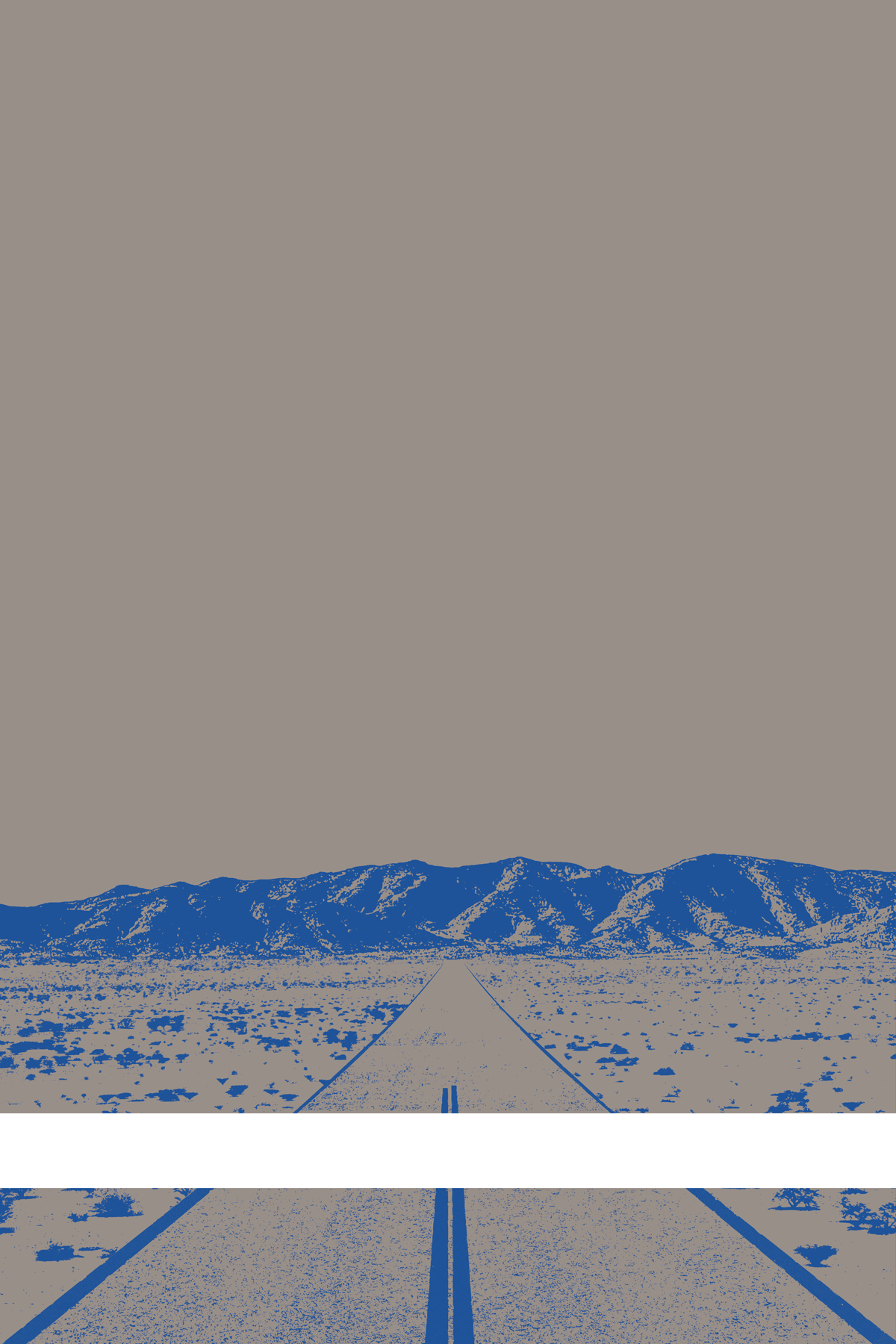 A view of Mercury Valley, Nevada, facing toward the northwest. The composition is rendered in gray and blue. A prominent white line stretches across the composition near the bottom of the view.