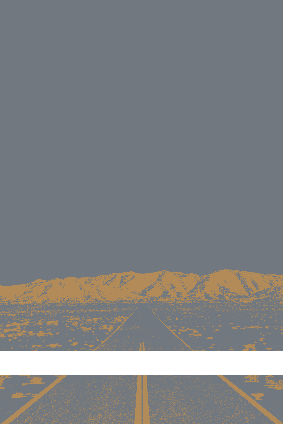 A view of Mercury Valley, Nevada, facing toward the northwest. The composition is rendered in gray and light orange. A prominent white line stretches across the composition near the bottom of the view.