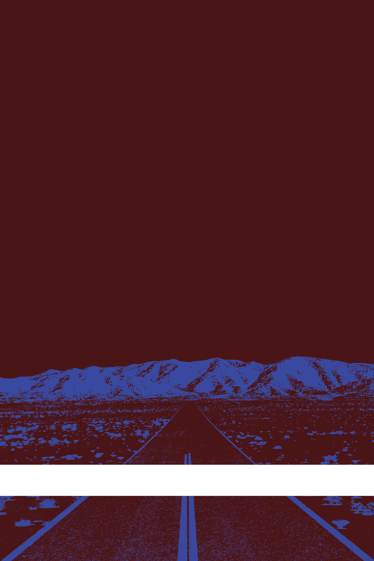 A view of Mercury Valley, Nevada, facing toward the northwest. The composition is rendered in dark red and blue. A prominent white line stretches across the composition near the bottom of the view.