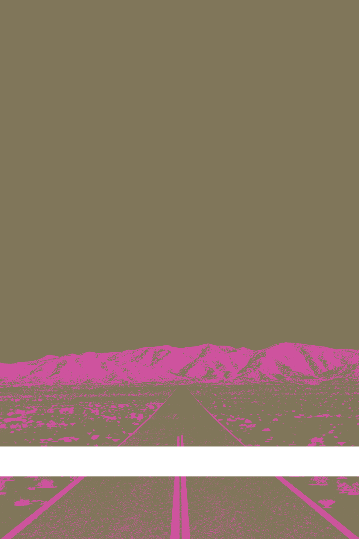 A view of Mercury Valley, Nevada, facing toward the northwest. The composition is rendered in brown and pink. A prominent white line stretches across the composition near the bottom of the view.