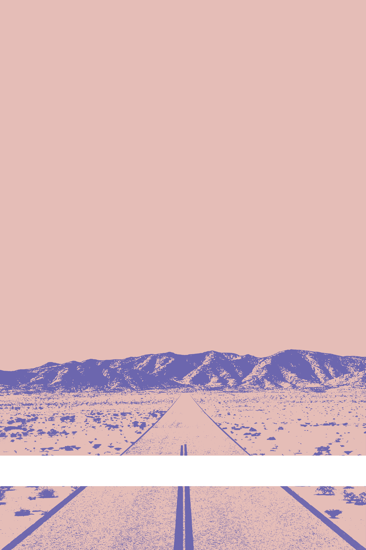 A view of Mercury Valley, Nevada, facing toward the northwest. The composition is rendered in light pink and light purple. A prominent white line stretches across the composition near the bottom of the view.