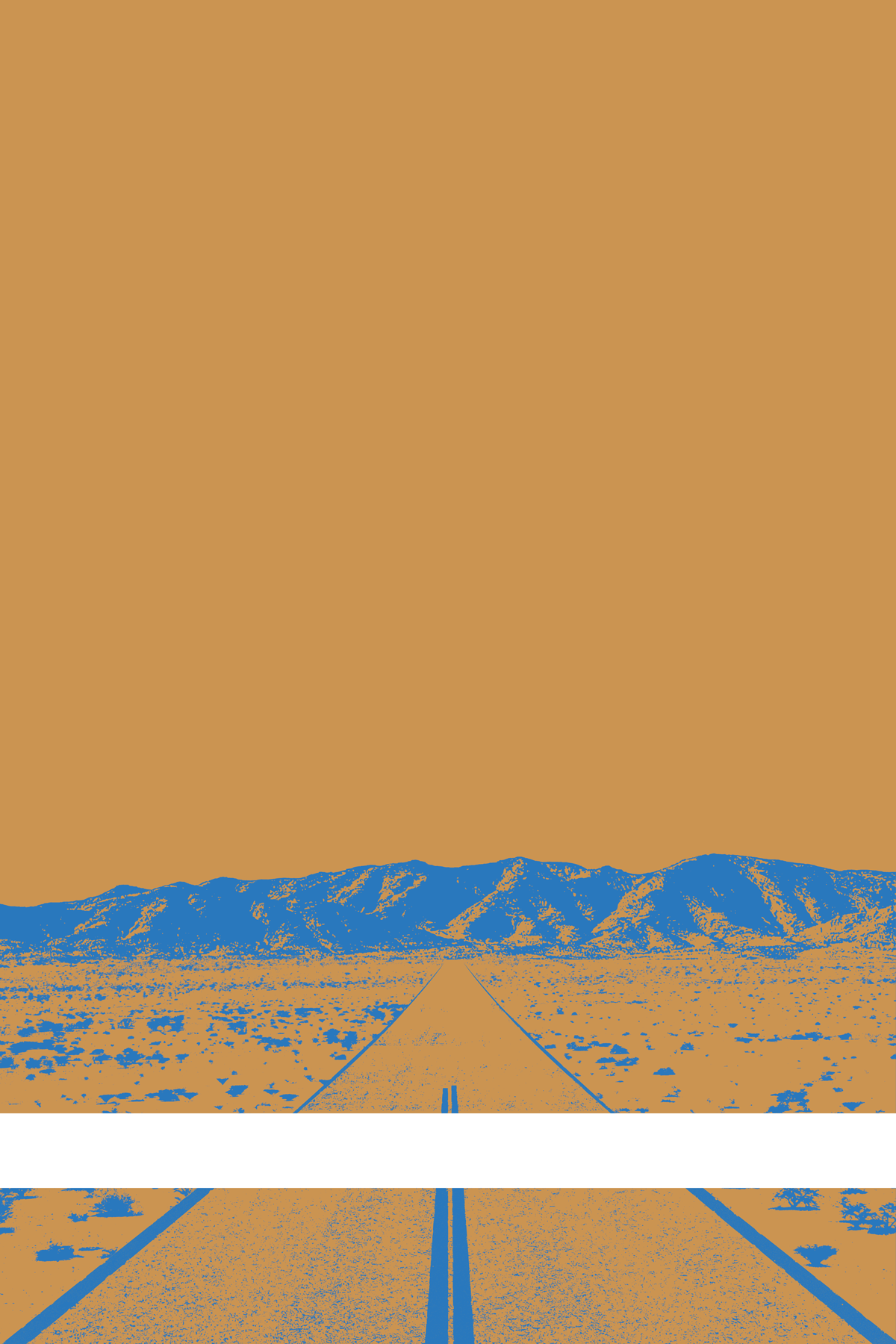 A view of Mercury Valley, Nevada, facing toward the northwest. The composition is rendered in orange and blue. A prominent white line stretches across the composition near the bottom of the view.