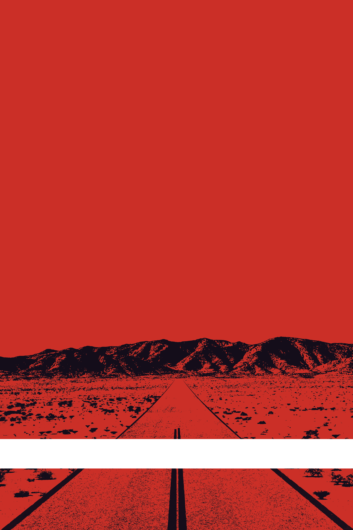 A view of Mercury Valley, Nevada, facing toward the northwest. The composition is rendered in red and black. A prominent white line stretches across the composition near the bottom of the view.