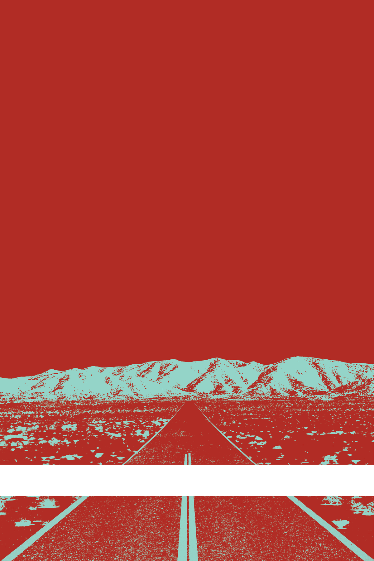 A view of Mercury Valley, Nevada, facing toward the northwest. The composition is rendered in dark red and light blue-green. A prominent white line stretches across the composition near the bottom of the view.