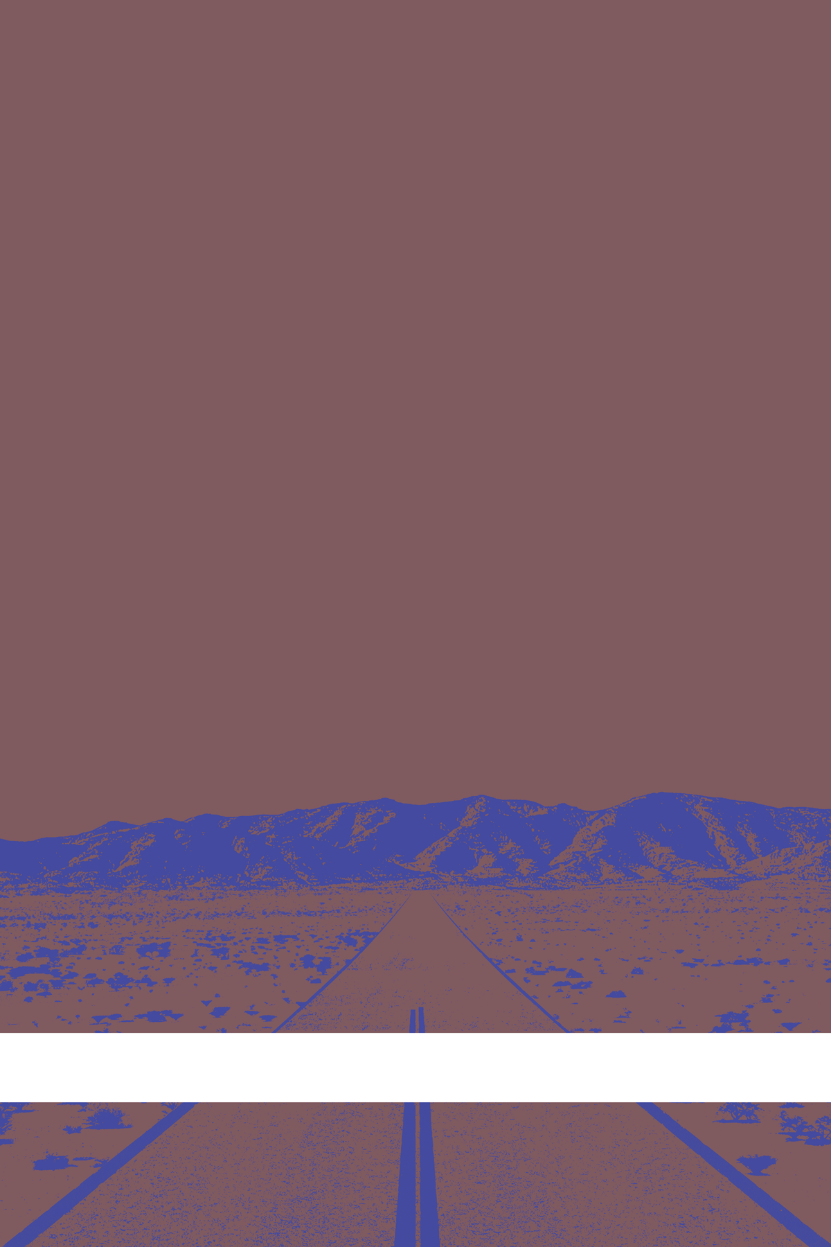 A view of Mercury Valley, Nevada, facing toward the northwest. The composition is rendered in light brown and blue. A prominent white line stretches across the composition near the bottom of the view.