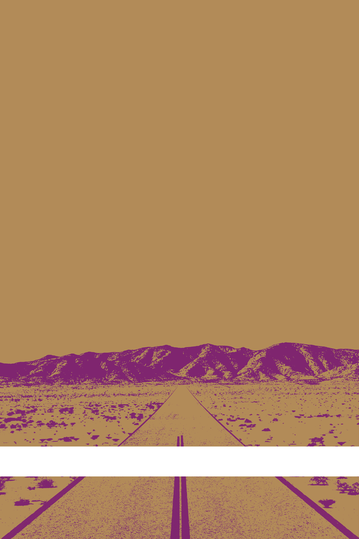 A view of Mercury Valley, Nevada, facing toward the northwest. The composition is rendered in light orange and purple. A prominent white line stretches across the composition near the bottom of the view.