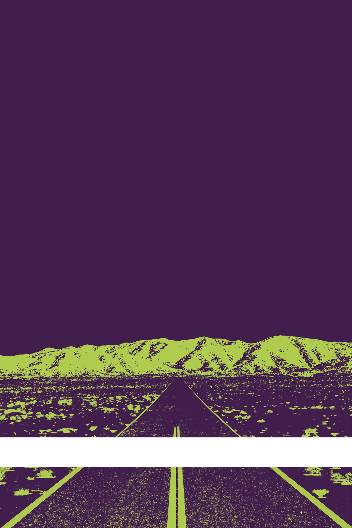 A view of Mercury Valley, Nevada, facing toward the northwest. The composition is rendered in purple and yellow-green. A prominent white line stretches across the composition near the bottom of the view.