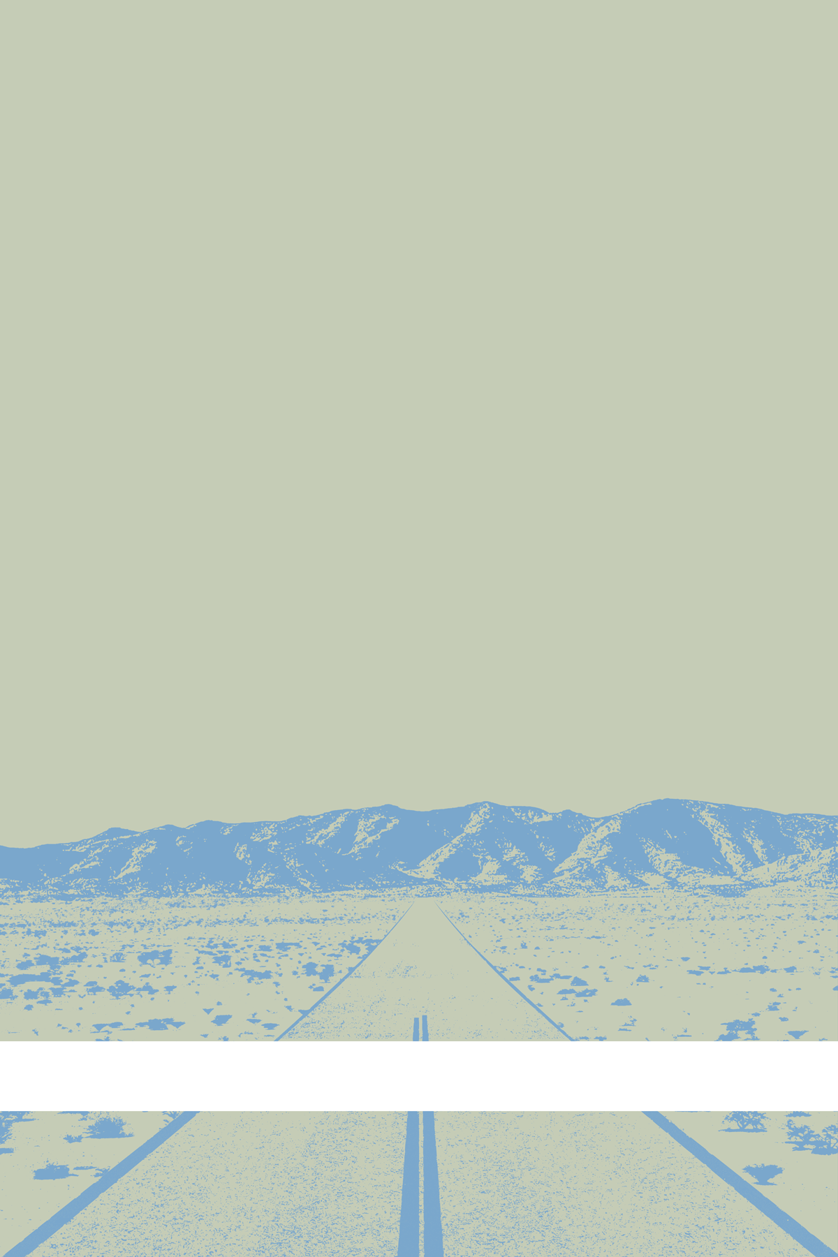 A view of Mercury Valley, Nevada, facing toward the northwest. The composition is rendered in light gray and light blue. A prominent white line stretches across the composition near the bottom of the view.