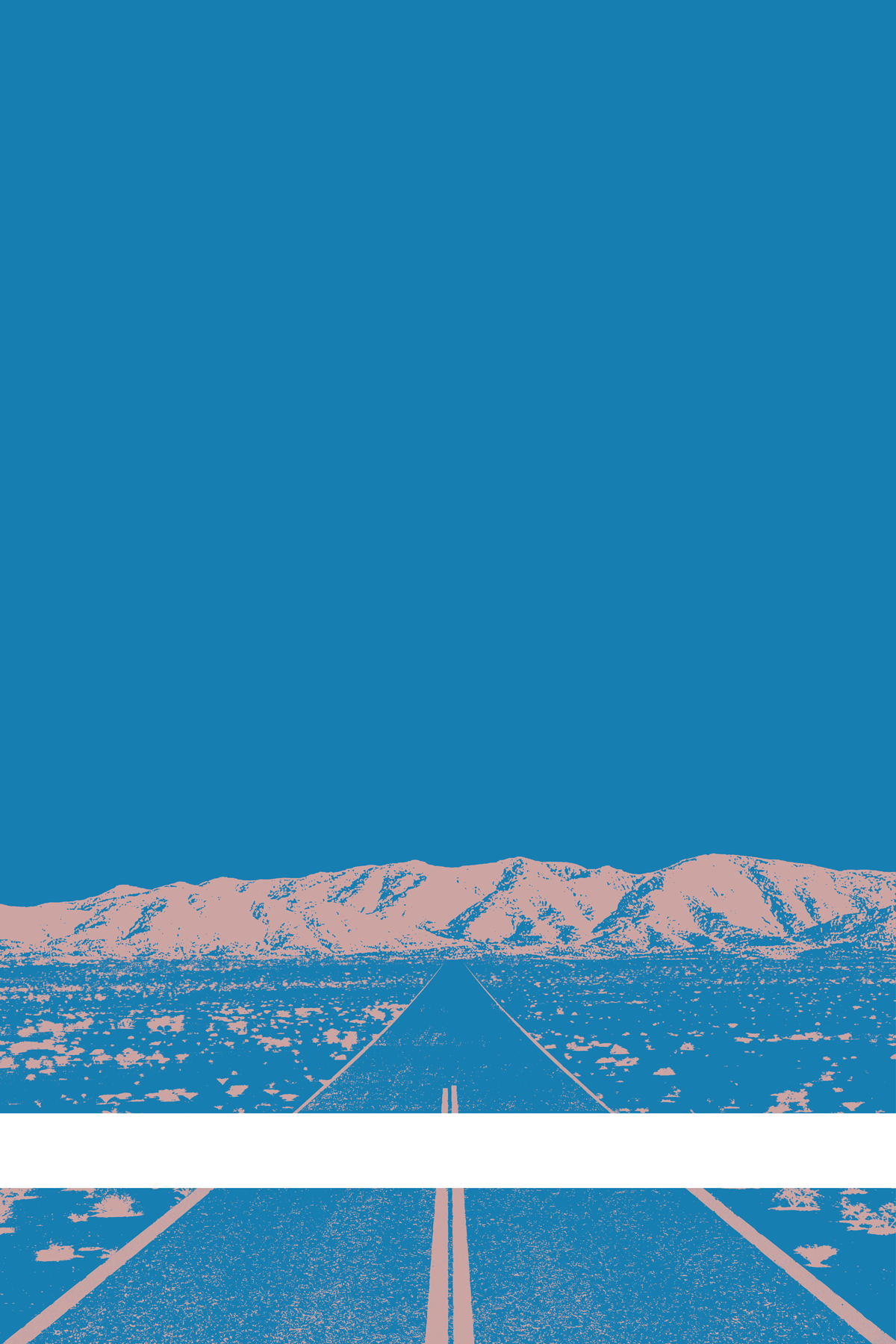 A view of Mercury Valley, Nevada, facing toward the northwest. The composition is rendered in light blue and light pink. A prominent white line stretches across the composition near the bottom of the view.