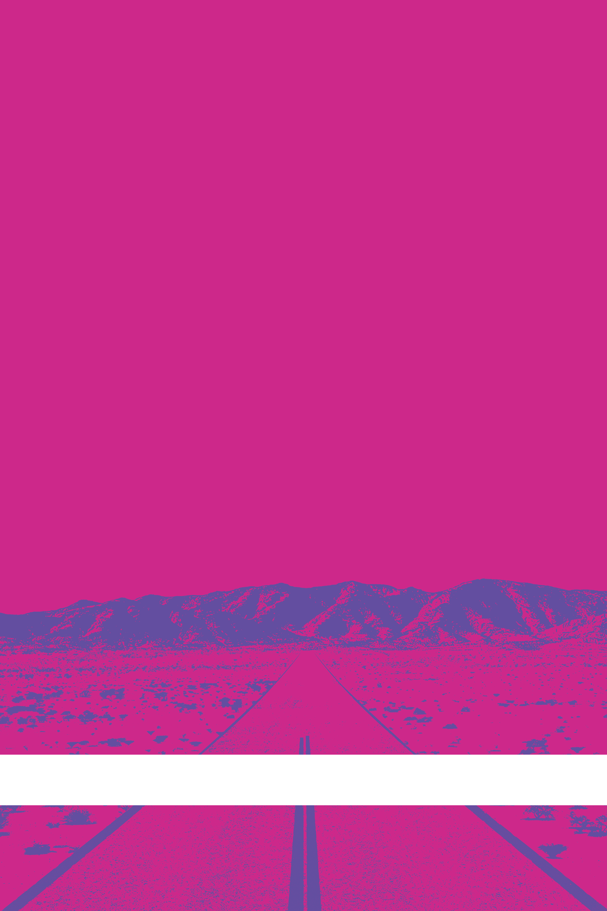 A view of Mercury Valley, Nevada, facing toward the northwest. The composition is rendered in pink and blue. A prominent white line stretches across the composition near the bottom of the view.