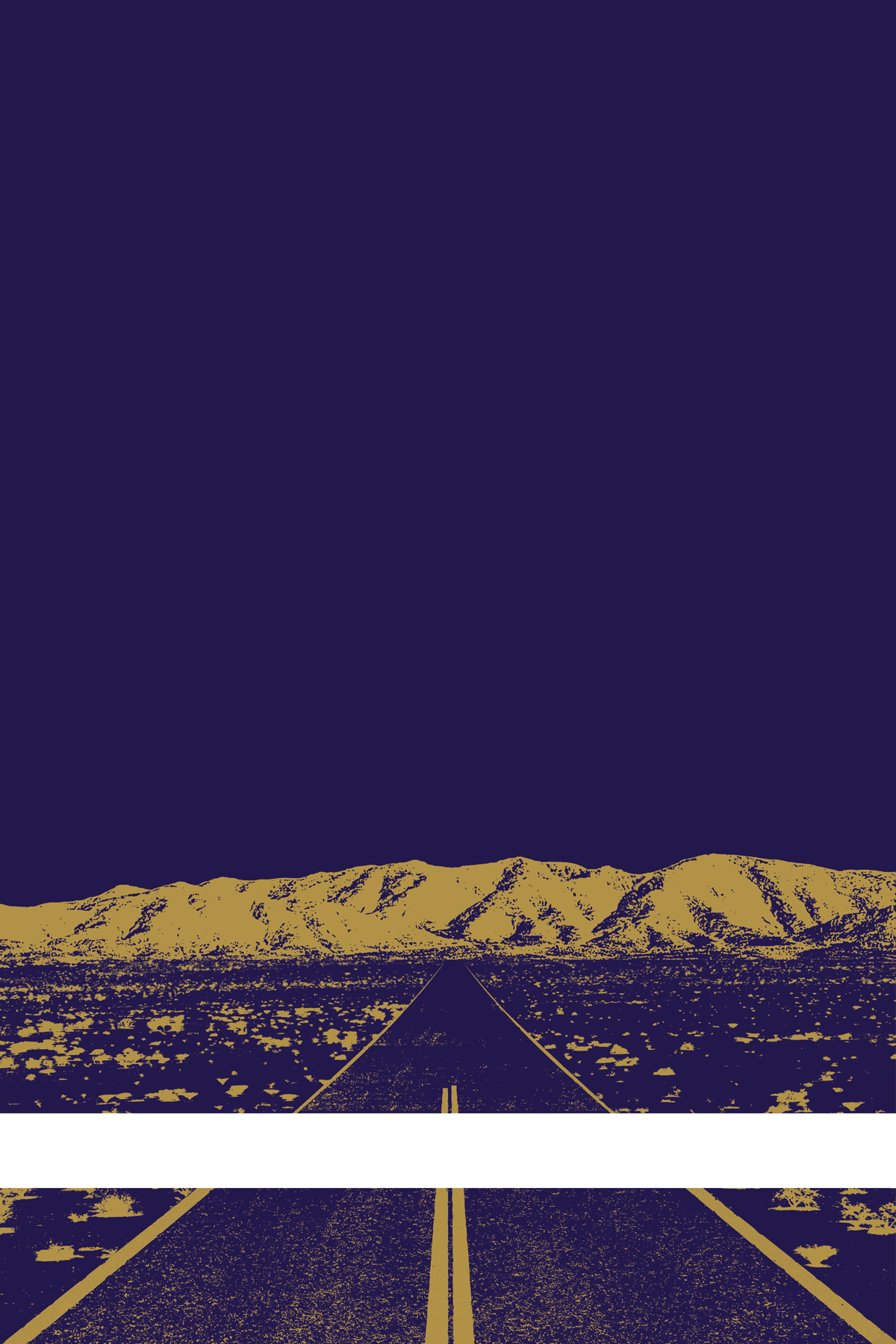 A view of Mercury Valley, Nevada, facing toward the northwest. The composition is rendered in dark blue and light orange. A prominent white line stretches across the composition near the bottom of the view.