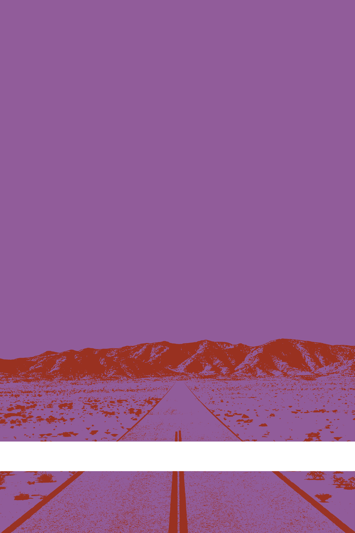 A view of Mercury Valley, Nevada, facing toward the northwest. The composition is rendered in light purple and dark red. A prominent white line stretches across the composition near the bottom of the view.