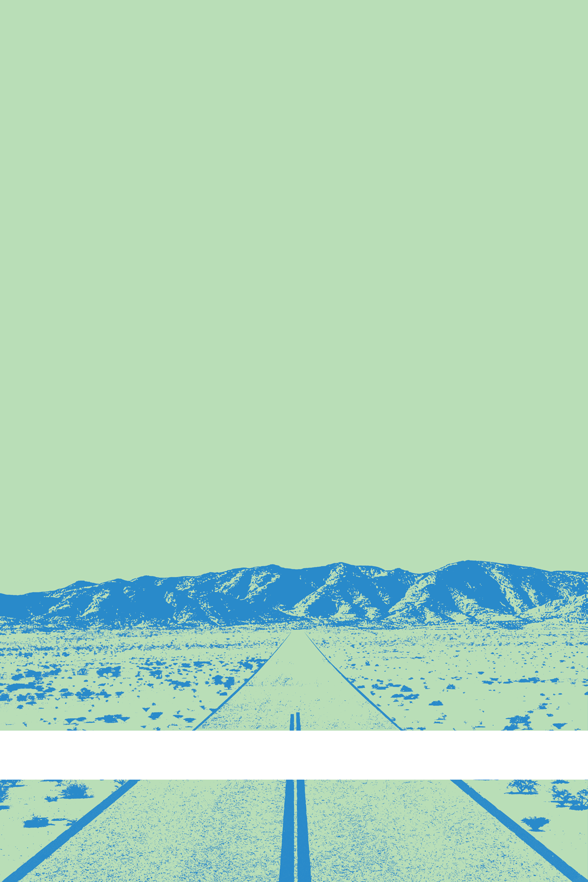 A view of Mercury Valley, Nevada, facing toward the northwest. The composition is rendered in light green and light blue. A prominent white line stretches across the composition near the bottom of the view.