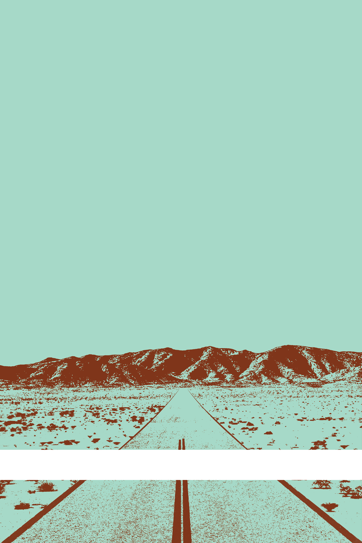 A view of Mercury Valley, Nevada, facing toward the northwest. The composition is rendered in light blue and brown. A prominent white line stretches across the composition near the bottom of the view.