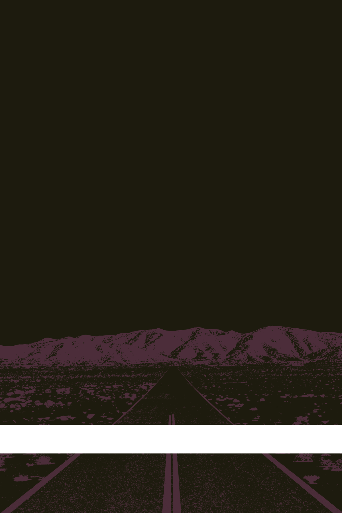 A view of Mercury Valley, Nevada, facing toward the northwest. The composition is rendered in dark brown and light purple. A prominent white line stretches across the composition near the bottom of the view.