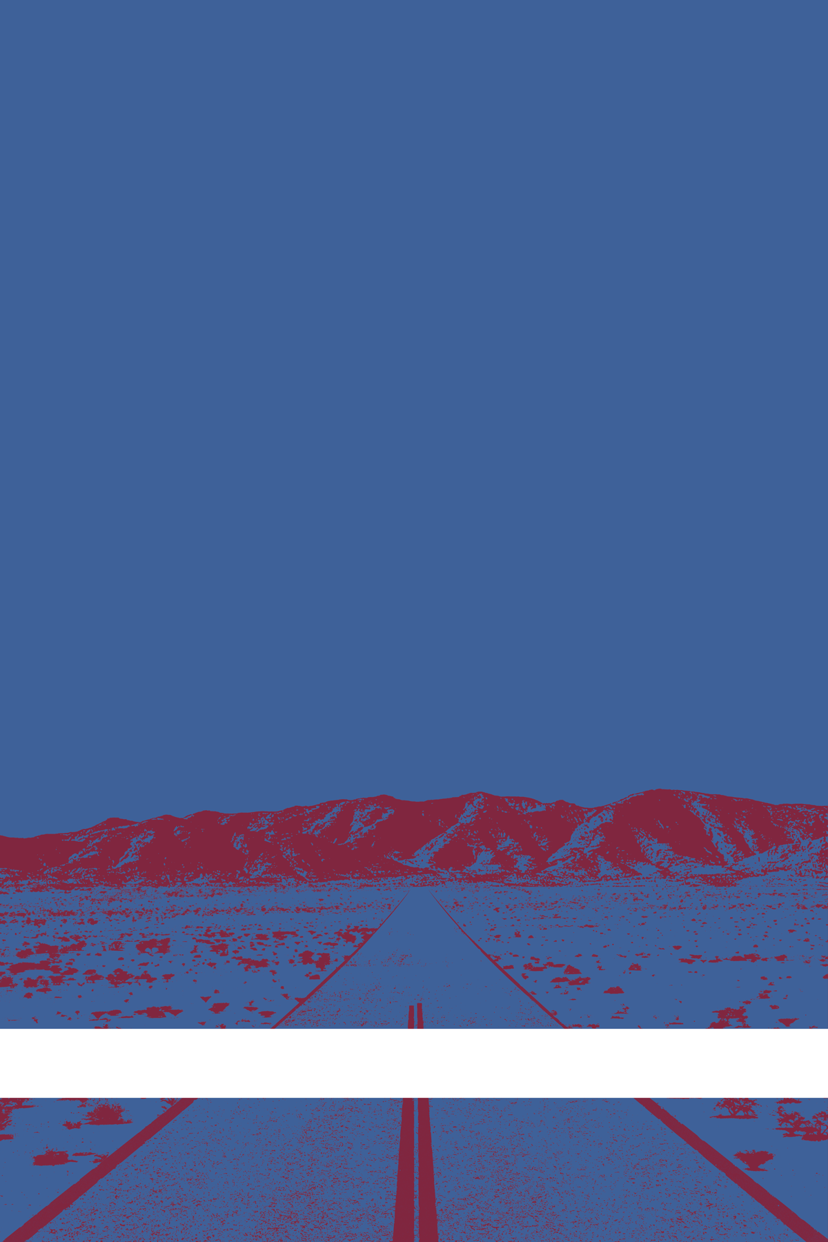 A view of Mercury Valley, Nevada, facing toward the northwest. The composition is rendered in blue and dark red. A prominent white line stretches across the composition near the bottom of the view.