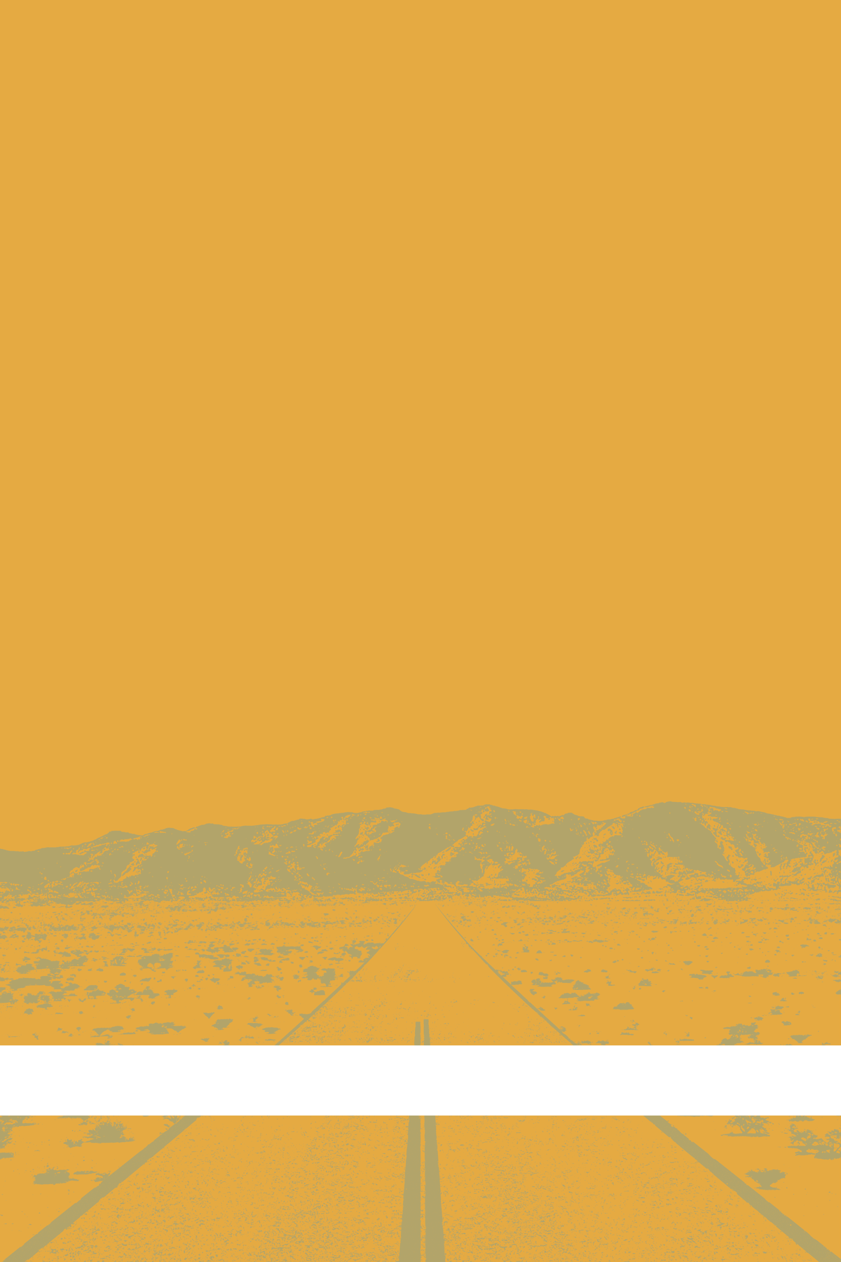 A view of Mercury Valley, Nevada, facing toward the northwest. The composition is rendered in orange and pale yellow. A prominent white line stretches across the composition near the bottom of the view.