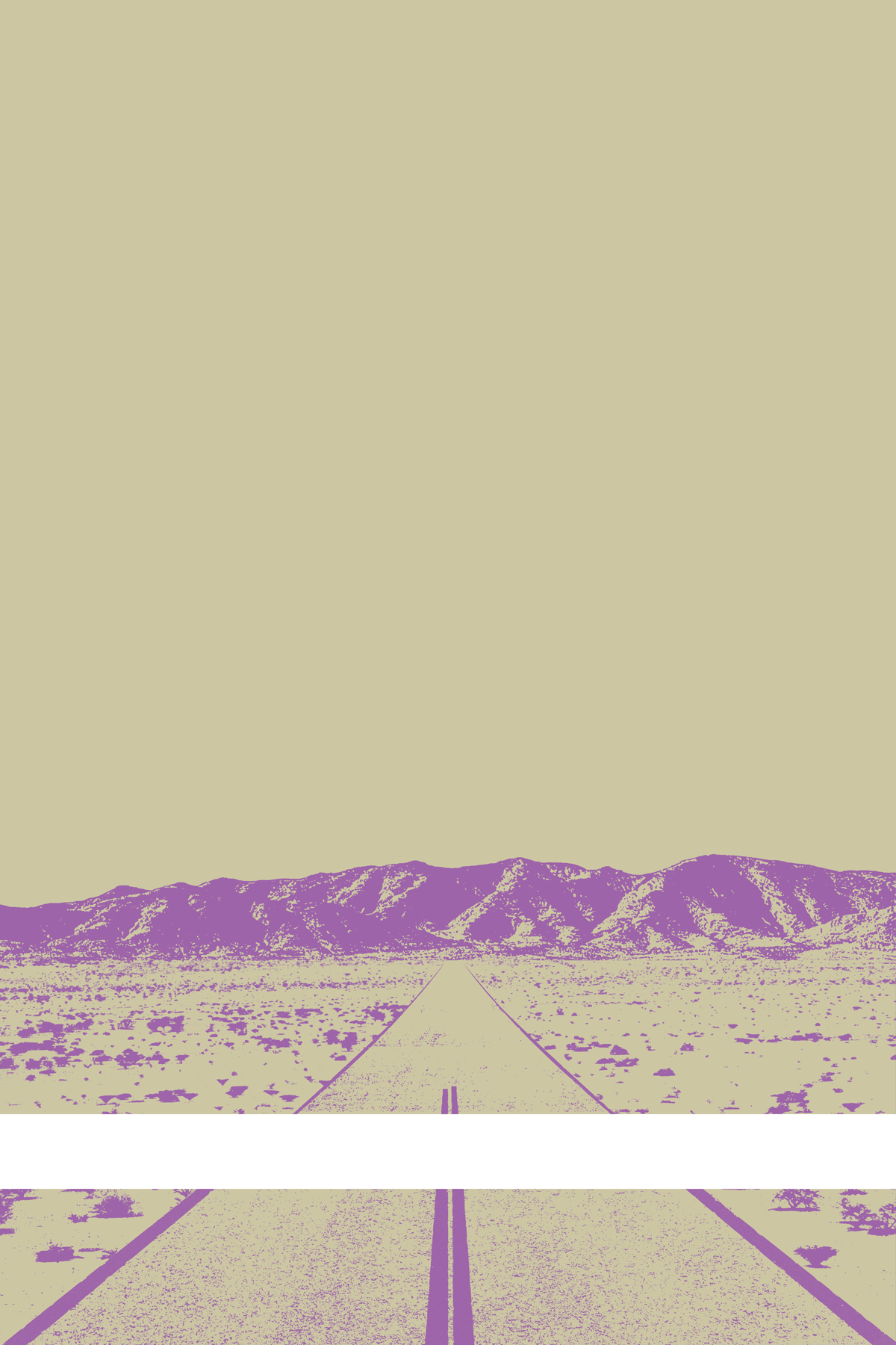 A view of Mercury Valley, Nevada, facing toward the northwest. The composition is rendered in light brown and light purple. A prominent white line stretches across the composition near the bottom of the view.