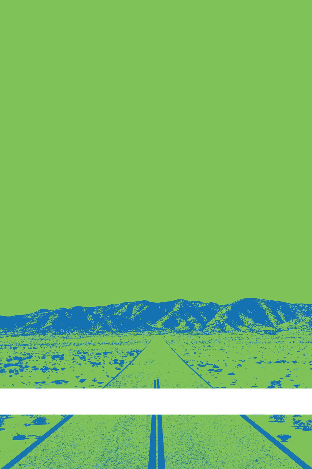 A view of Mercury Valley, Nevada, facing toward the northwest. The composition is rendered in light green and blue. A prominent white line stretches across the composition near the bottom of the view.