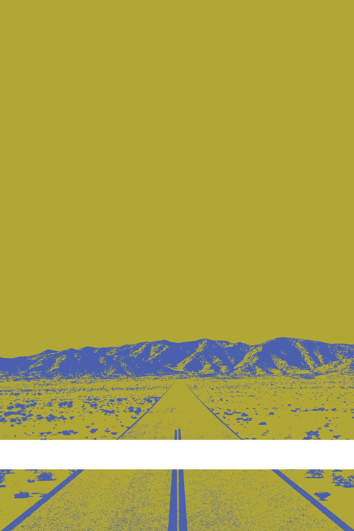 A view of Mercury Valley, Nevada, facing toward the northwest. The composition is rendered in dark yellow-green and light blue. A prominent white line stretches across the composition near the bottom of the view.