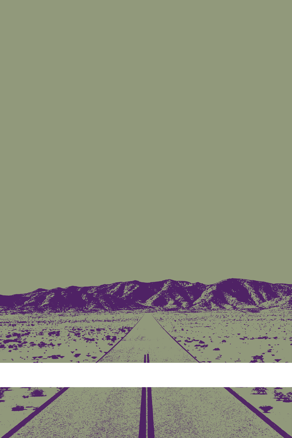 A view of Mercury Valley, Nevada, facing toward the northwest. The composition is rendered in gray and purple. A prominent white line stretches across the composition near the bottom of the view.