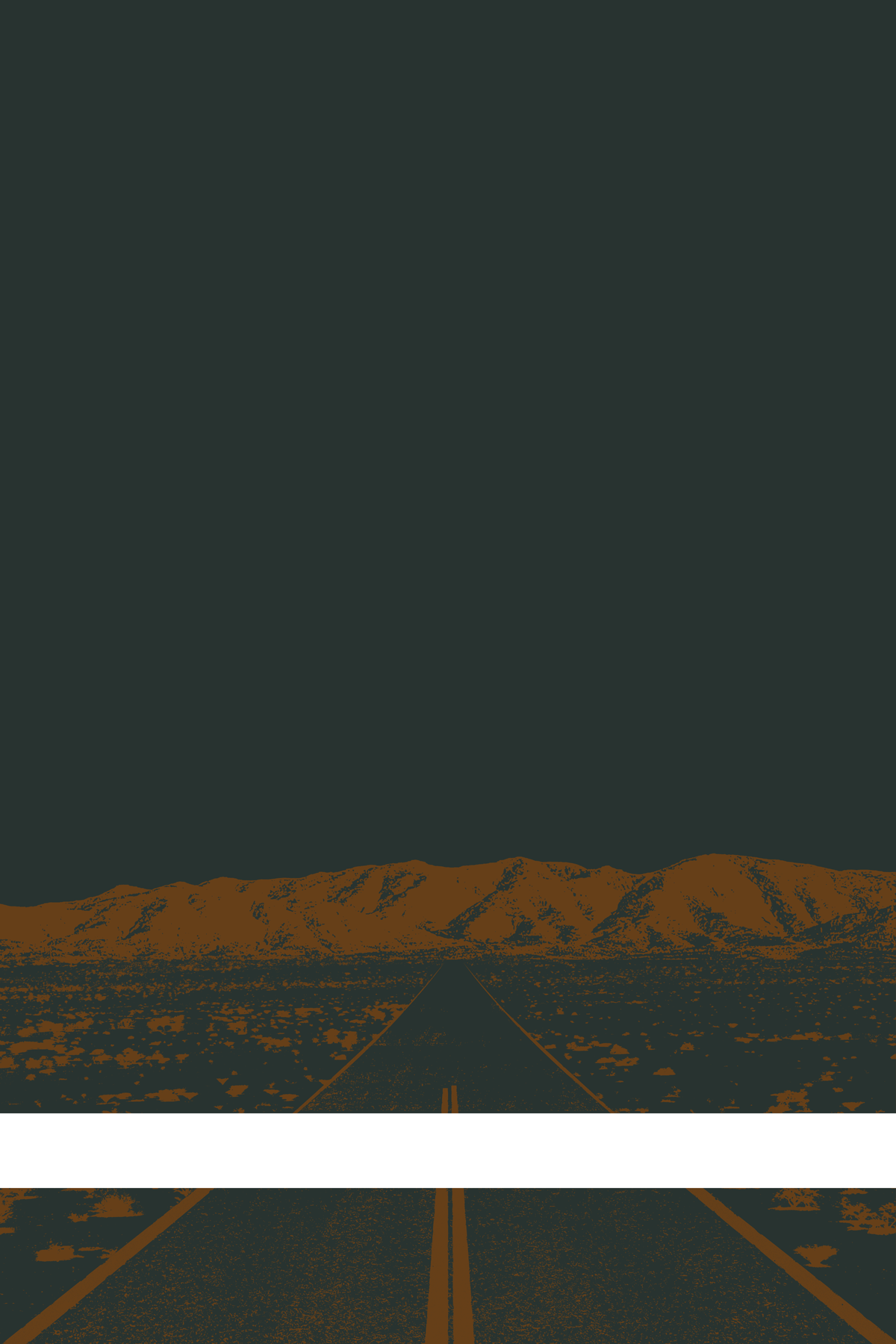 A view of Mercury Valley, Nevada, facing toward the northwest. The composition is rendered in dark grayish green and dark orange. A prominent white line stretches across the composition near the bottom of the view.