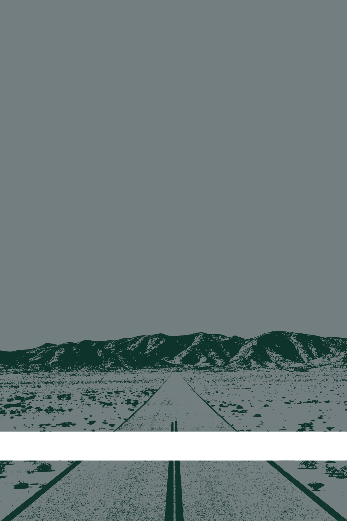 A view of Mercury Valley, Nevada, facing toward the northwest. The composition is rendered in gray and dark blue-green. A prominent white line stretches across the composition near the bottom of the view.