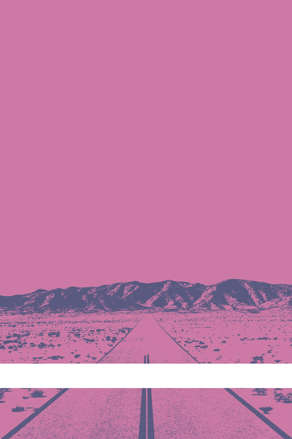 A view of Mercury Valley, Nevada, facing toward the northwest. The composition is rendered in pink and light blue. A prominent white line stretches across the composition near the bottom of the view.