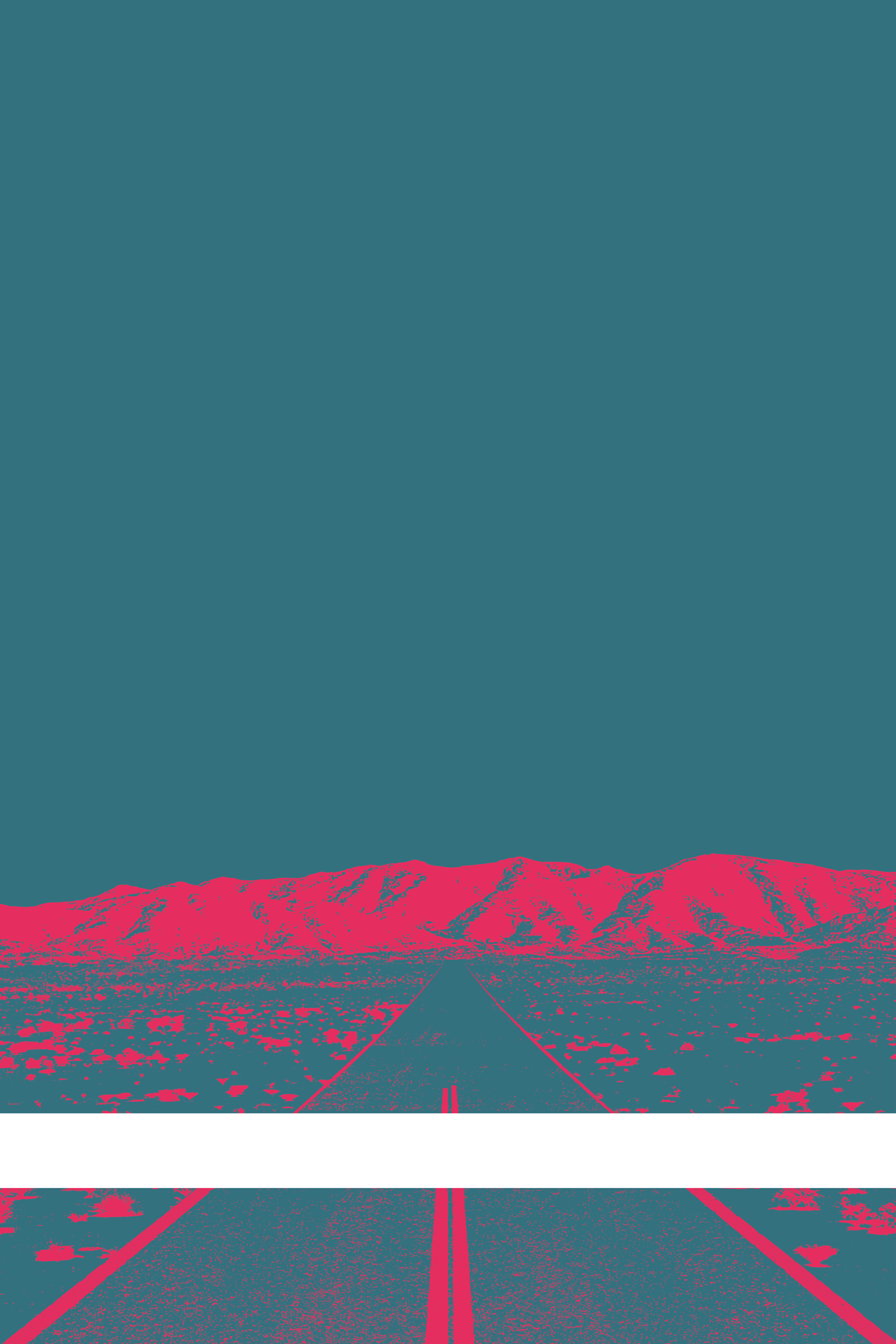 A view of Mercury Valley, Nevada, facing toward the northwest. The composition is rendered in blue and pink. A prominent white line stretches across the composition near the bottom of the view.