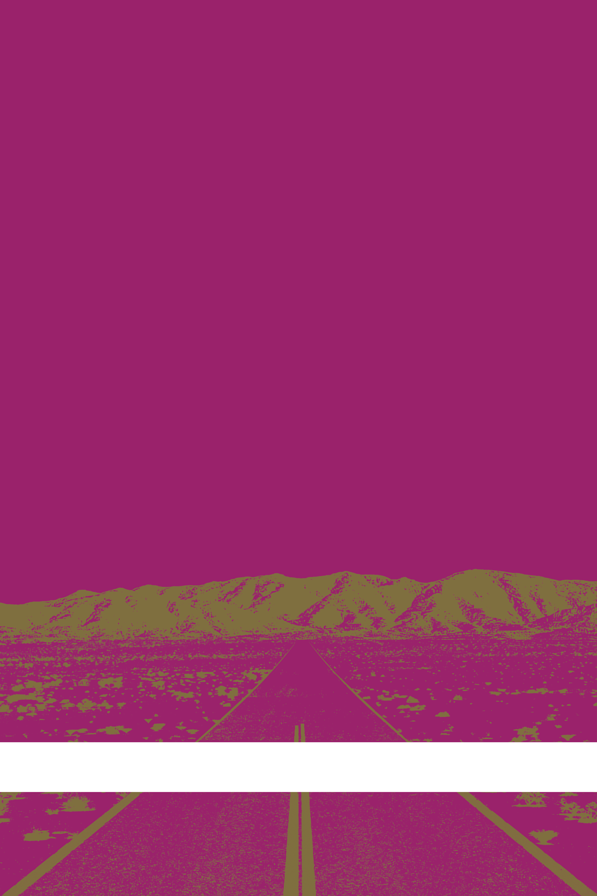 A view of Mercury Valley, Nevada, facing toward the northwest. The composition is rendered in purple and light brown. A prominent white line stretches across the composition near the bottom of the view.