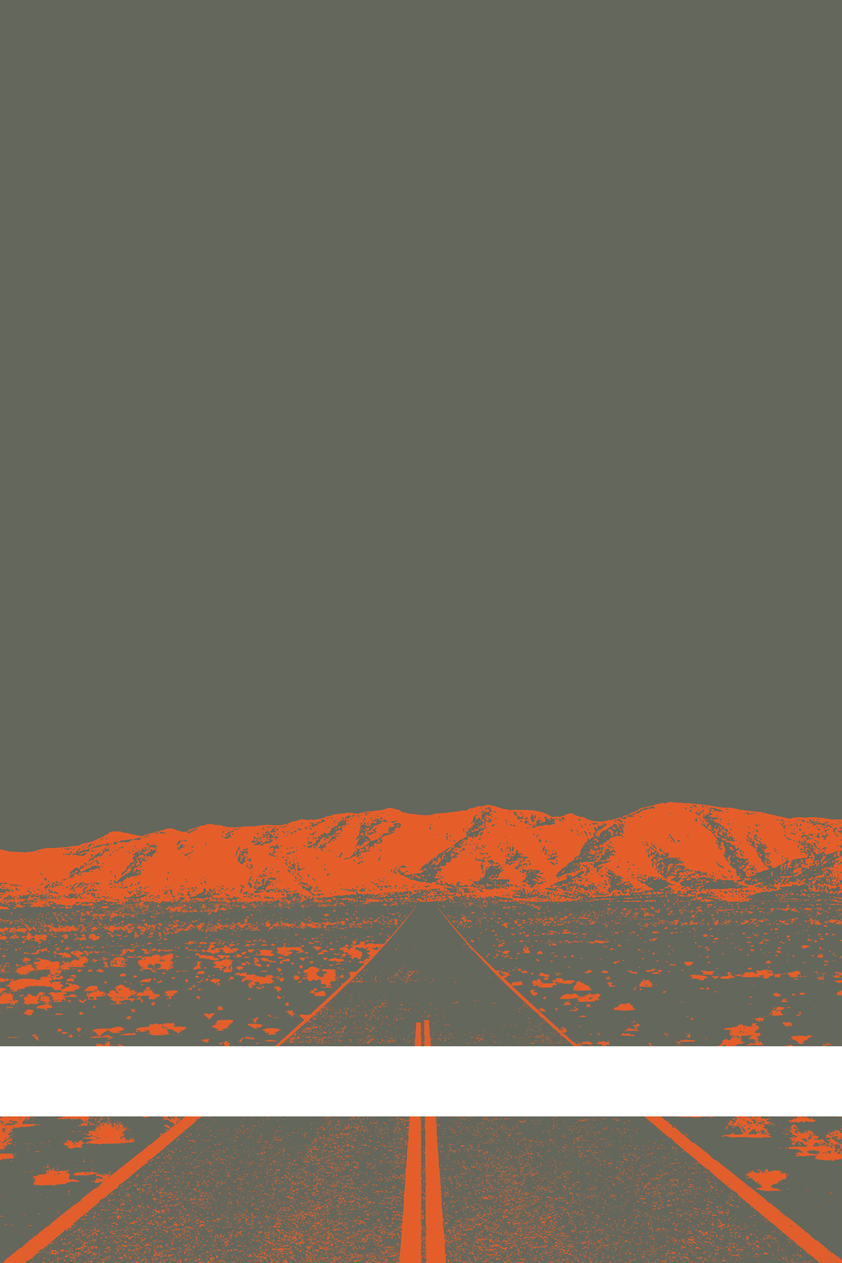 A view of Mercury Valley, Nevada, facing toward the northwest. The composition is rendered in dark gray and orange. A prominent white line stretches across the composition near the bottom of the view.