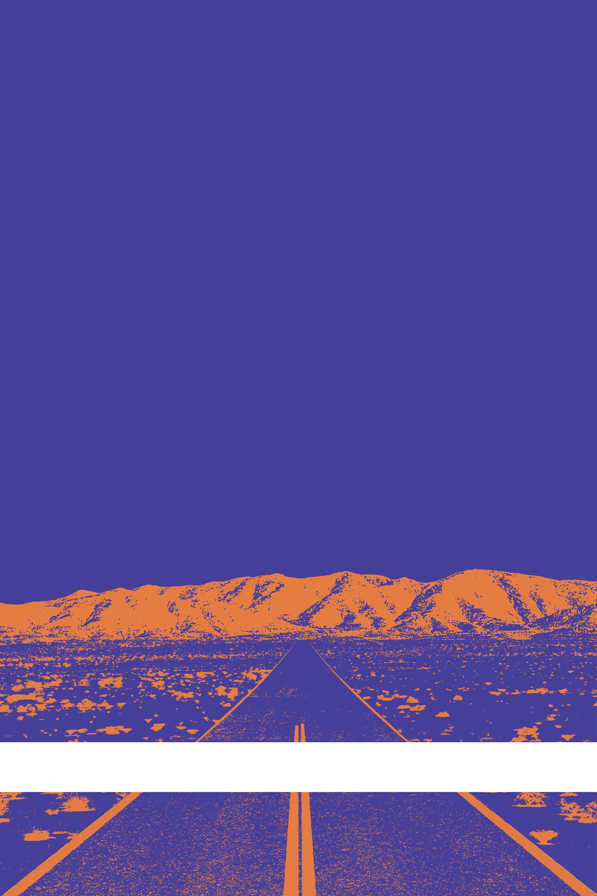 A view of Mercury Valley, Nevada, facing toward the northwest. The composition is rendered in blue and orange. A prominent white line stretches across the composition near the bottom of the view.